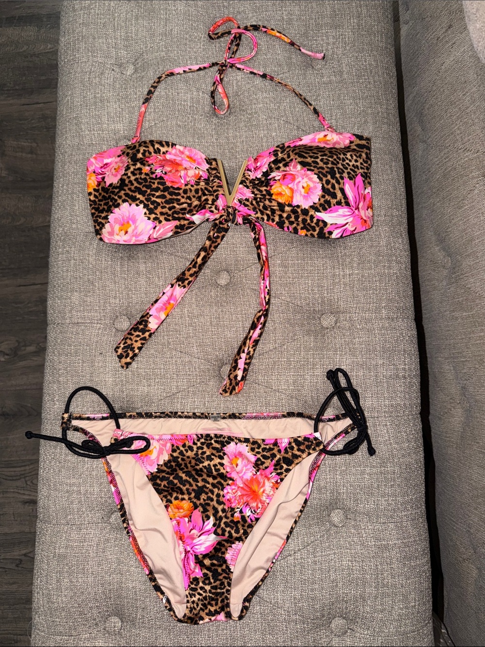 Victoria Secret Leopard Floral Two-Piece Bikini - Pink & Brown L top M bottom